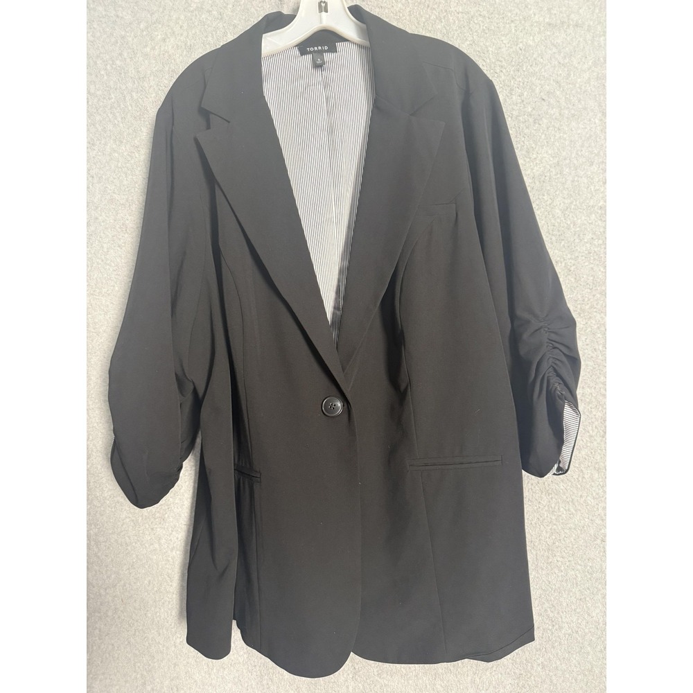 Torrid Blazer Jacket Womens 5 Black Ruched Sleeve One Button Lined Stretch Plus